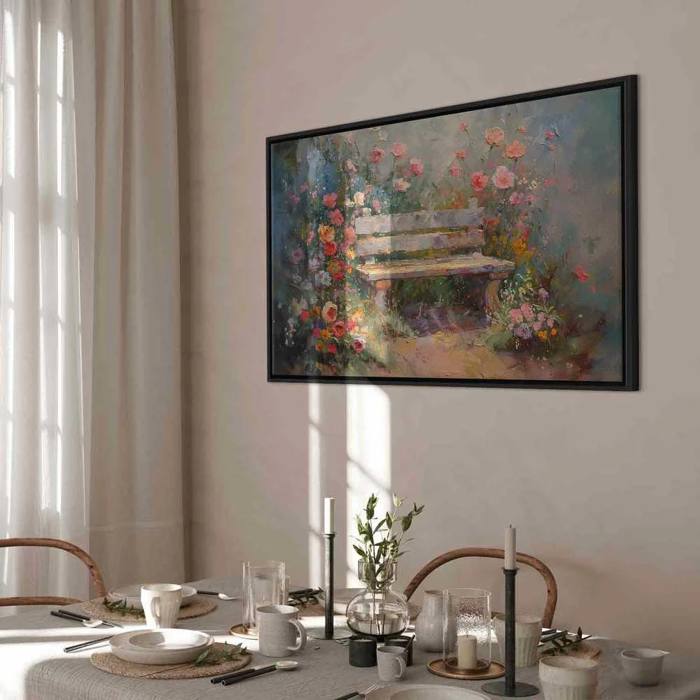 Artgeist Paveikslas - Flowery bench - impressionist painting full of flowers