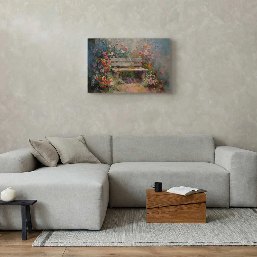 Artgeist Paveikslas - Flowery bench - impressionist painting full of flowers