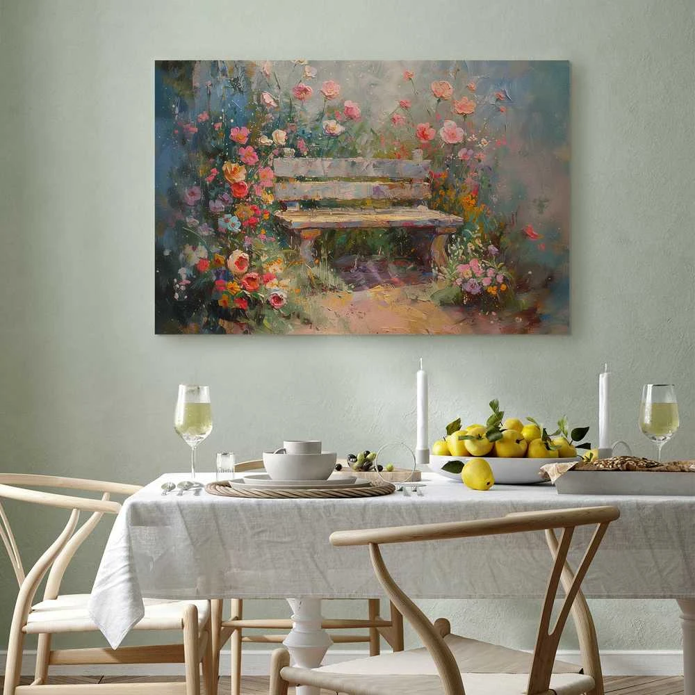 Artgeist Paveikslas - Flowery bench - impressionist painting full of flowers