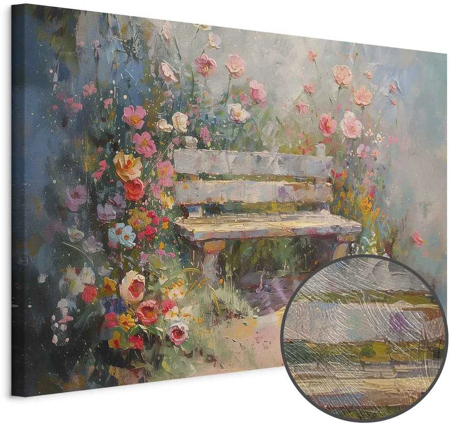 Artgeist Paveikslas - Flowery bench - impressionist painting full of flowers