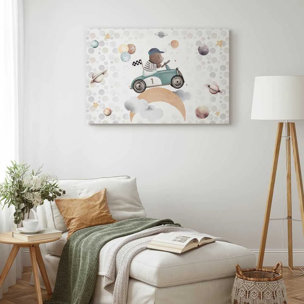 Artgeist Paveikslas - Galactic Races - A Bear Participating in Car Races Among Planets Clouds and Stars in Pastel Hues