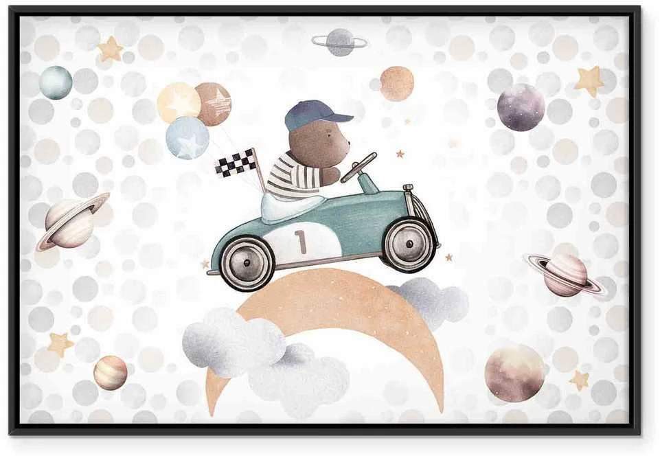 Artgeist Paveikslas - Galactic Races - A Bear Participating in Car Races Among Planets Clouds and Stars in Pastel Hues