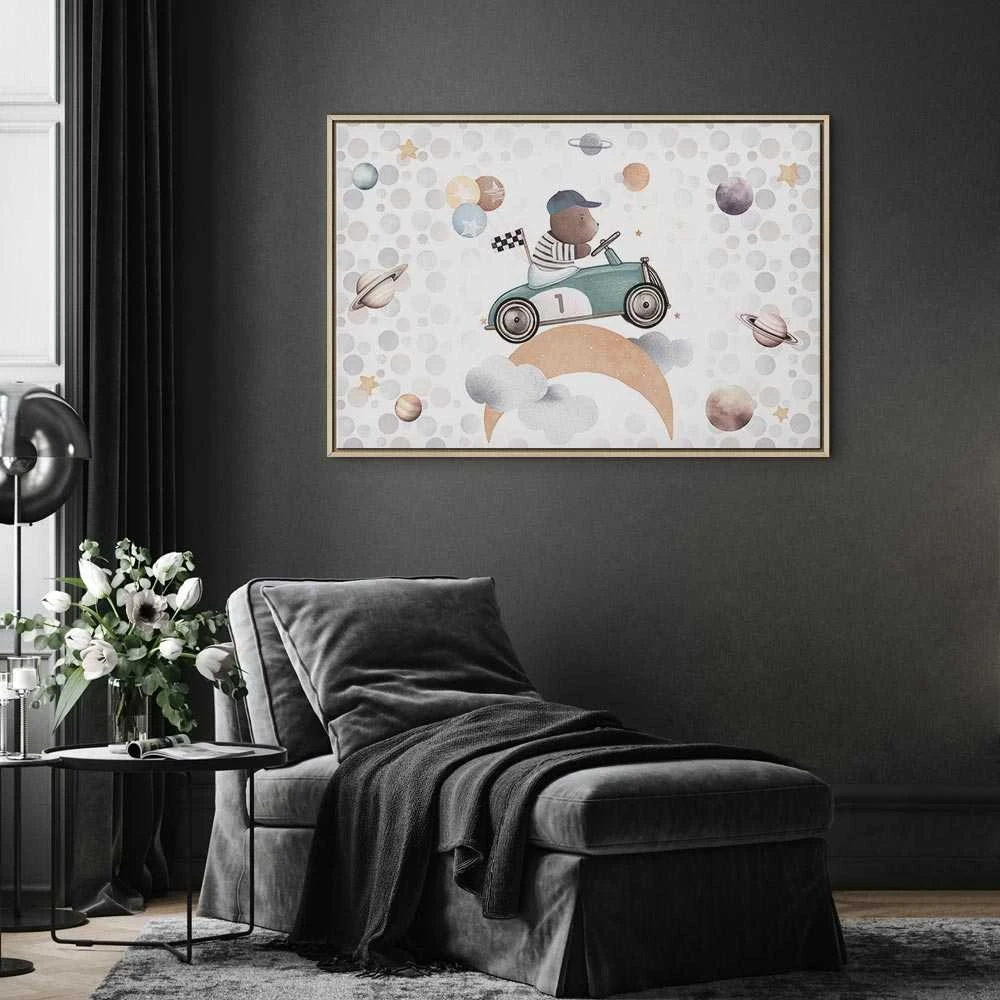 Artgeist Paveikslas - Galactic Races - A Bear Participating in Car Races Among Planets Clouds and Stars in Pastel Hues
