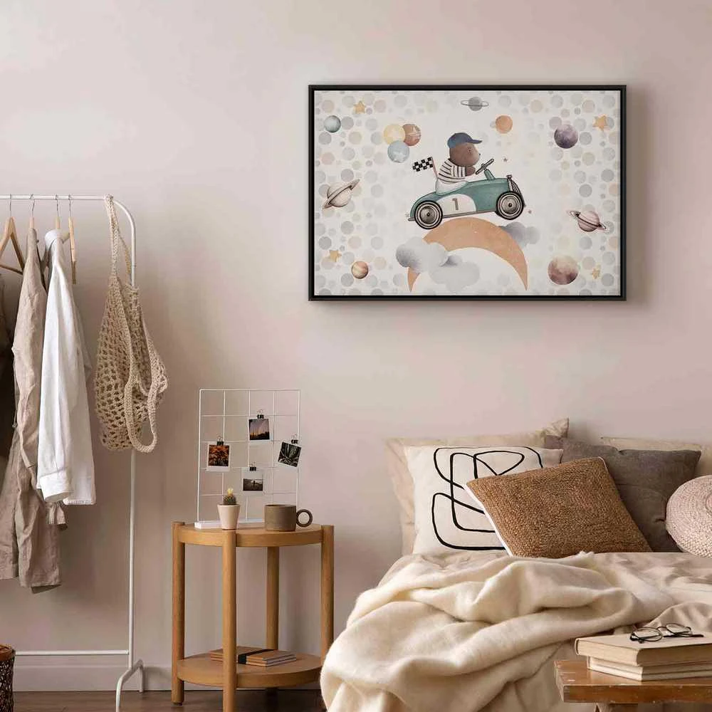 Artgeist Paveikslas - Galactic Races - A Bear Participating in Car Races Among Planets Clouds and Stars in Pastel Hues