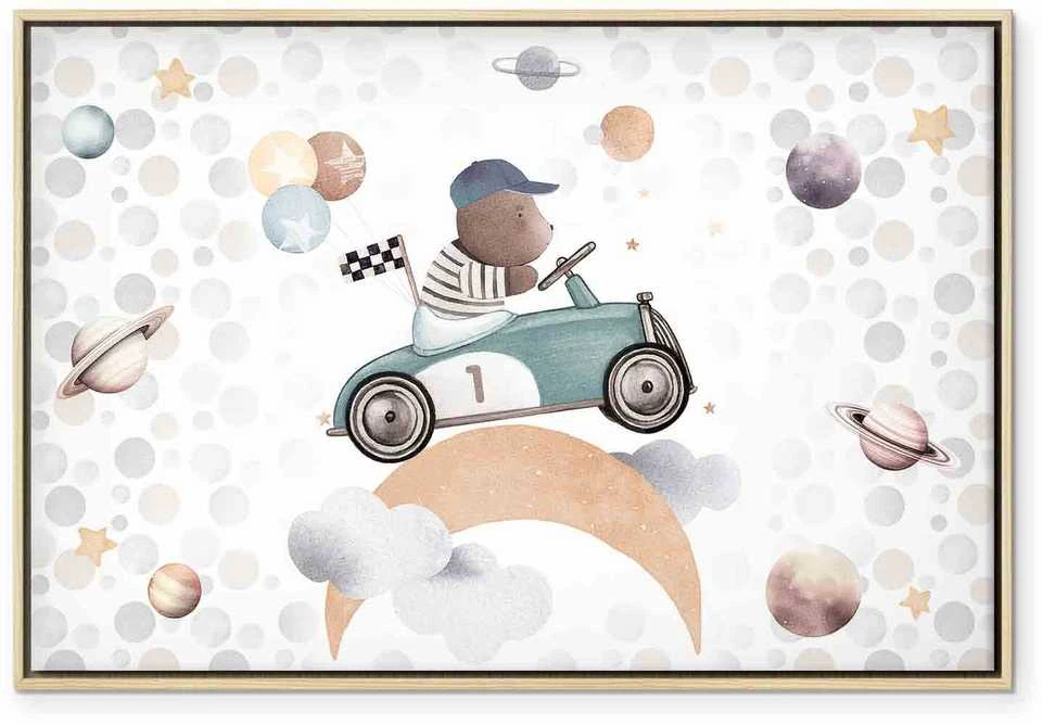 Artgeist Paveikslas - Galactic Races - A Bear Participating in Car Races Among Planets Clouds and Stars in Pastel Hues