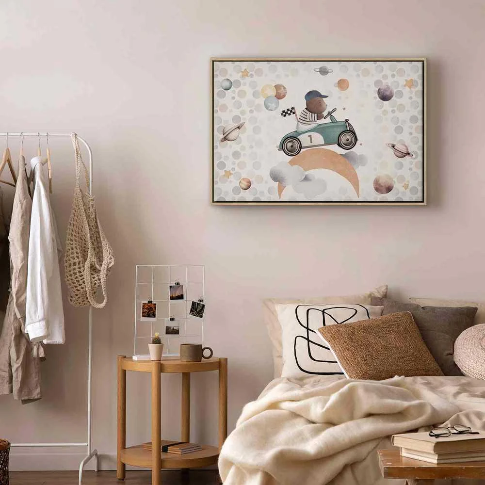 Artgeist Paveikslas - Galactic Races - A Bear Participating in Car Races Among Planets Clouds and Stars in Pastel Hues