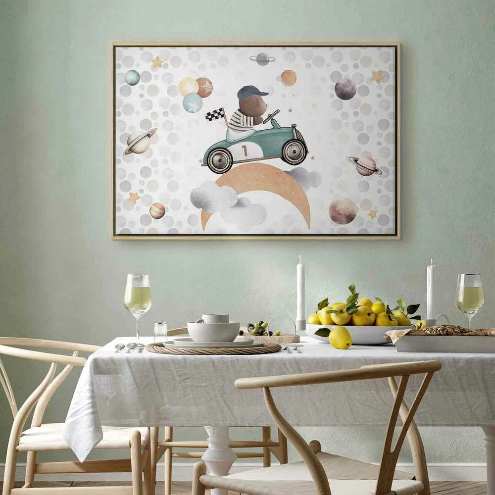 Artgeist Paveikslas - Galactic Races - A Bear Participating in Car Races Among Planets Clouds and Stars in Pastel Hues