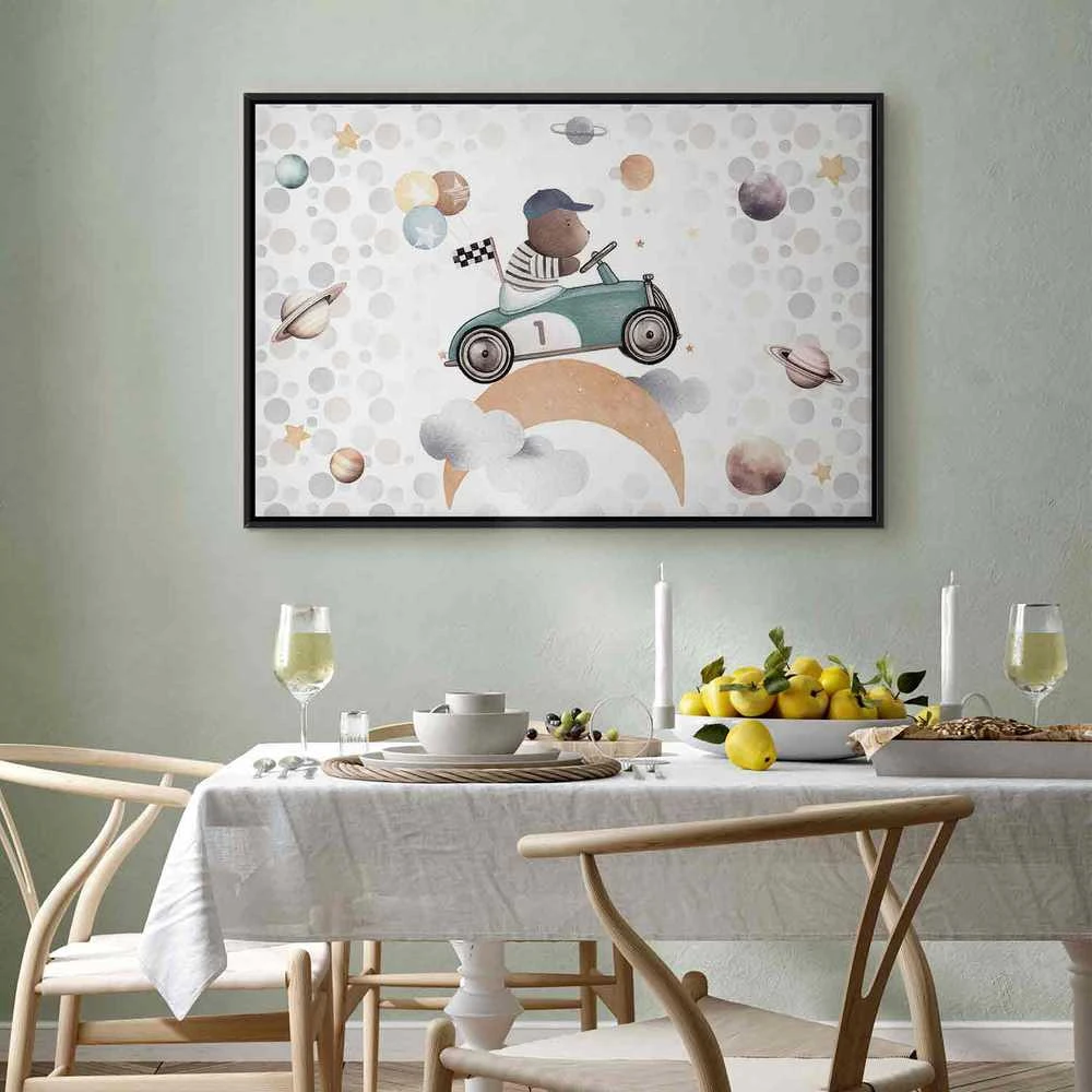 Artgeist Paveikslas - Galactic Races - A Bear Participating in Car Races Among Planets Clouds and Stars in Pastel Hues