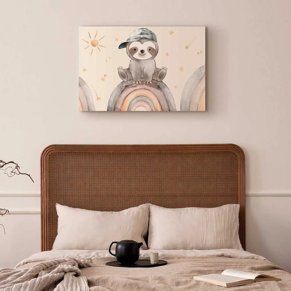 Artgeist Paveikslas - Happy Sloth - Sloth in Subdued Colors Wearing a Cap Sitting on a Rainbow Among Little Stars
