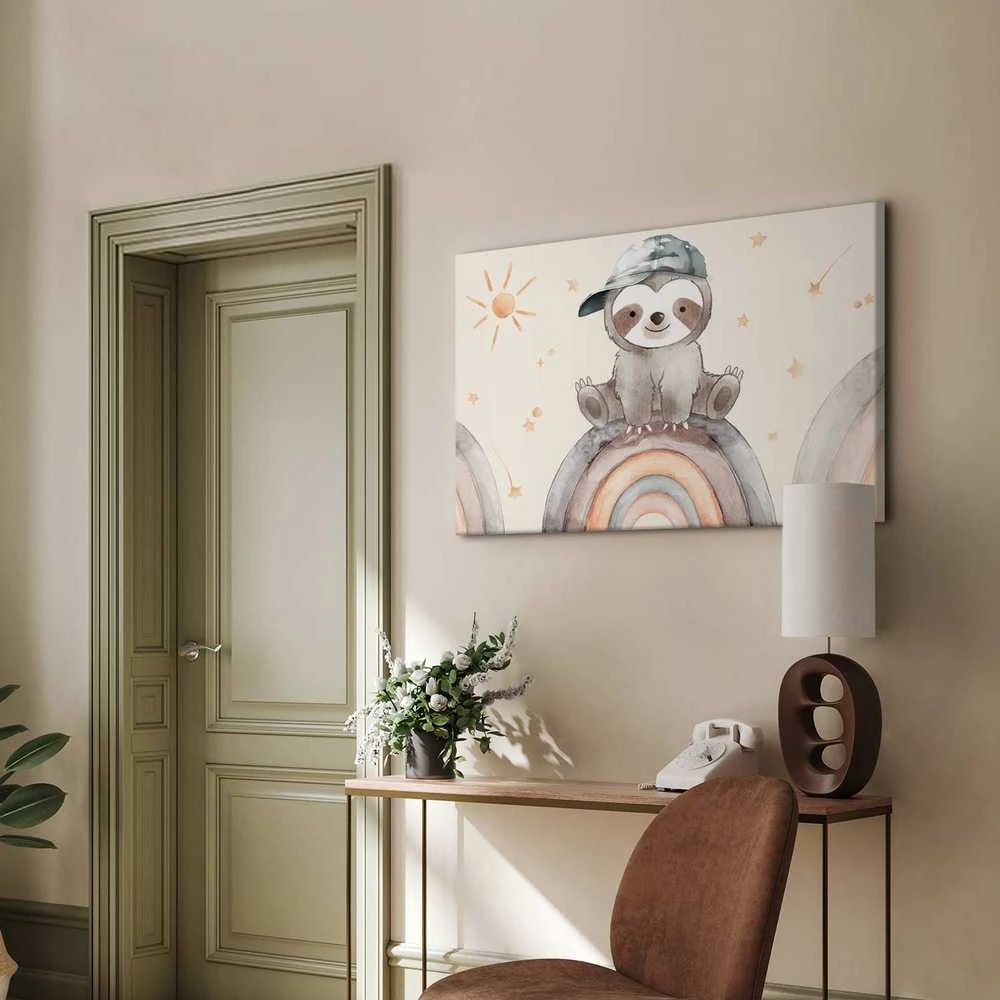 Artgeist Paveikslas - Happy Sloth - Sloth in Subdued Colors Wearing a Cap Sitting on a Rainbow Among Little Stars