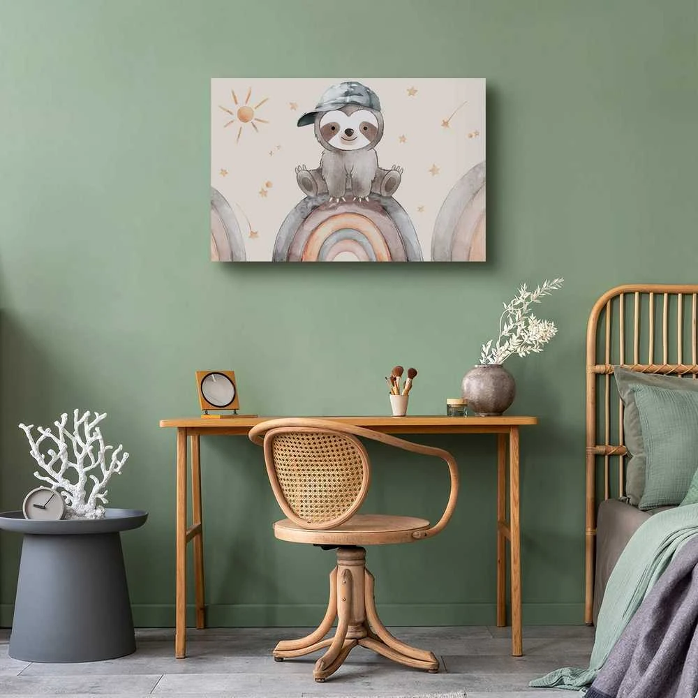 Artgeist Paveikslas - Happy Sloth - Sloth in Subdued Colors Wearing a Cap Sitting on a Rainbow Among Little Stars