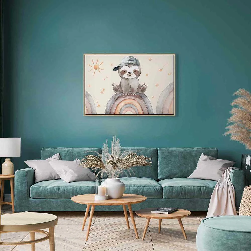 Artgeist Paveikslas - Happy Sloth - Sloth in Subdued Colors Wearing a Cap Sitting on a Rainbow Among Little Stars