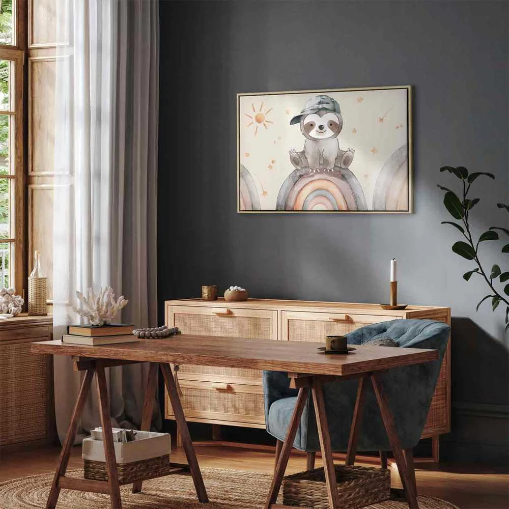 Artgeist Paveikslas - Happy Sloth - Sloth in Subdued Colors Wearing a Cap Sitting on a Rainbow Among Little Stars