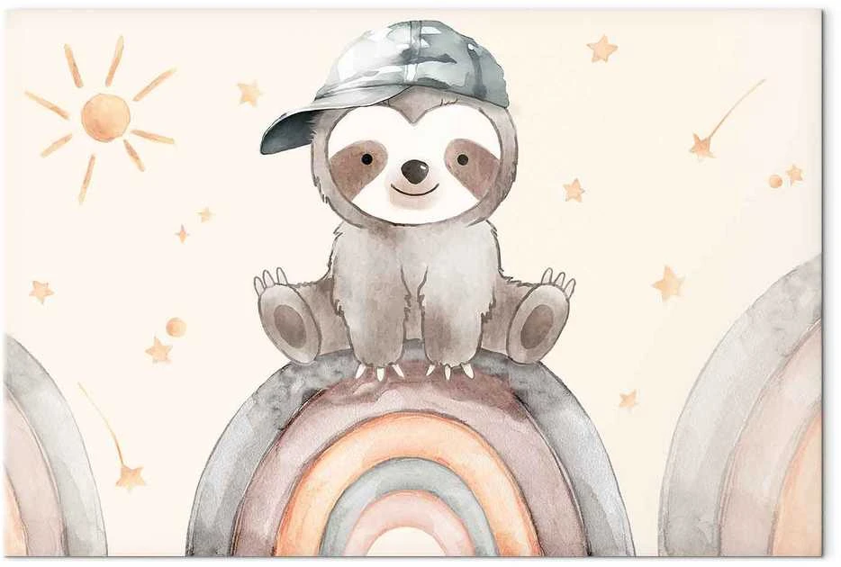 Artgeist Paveikslas - Happy Sloth - Sloth in Subdued Colors Wearing a Cap Sitting on a Rainbow Among Little Stars