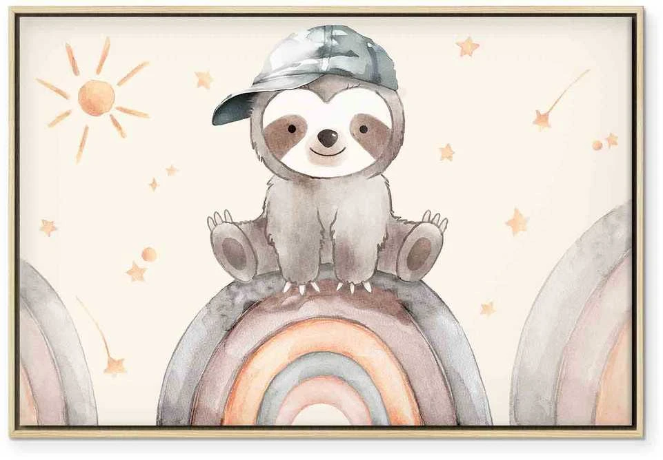 Artgeist Paveikslas - Happy Sloth - Sloth in Subdued Colors Wearing a Cap Sitting on a Rainbow Among Little Stars