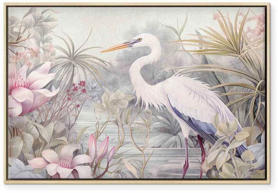 Artgeist Paveikslas - Heron wading in a pond - illustration in bright colours