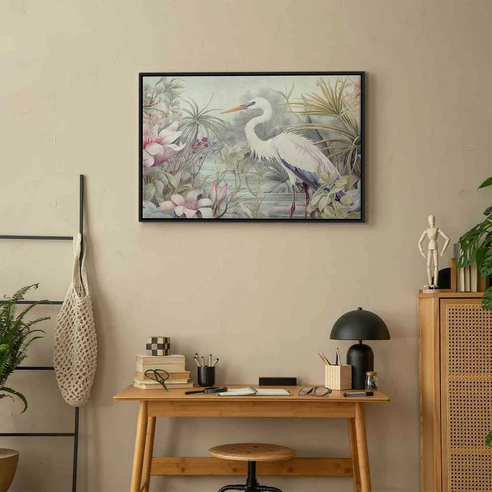 Artgeist Paveikslas - Heron wading in a pond - illustration in bright colours
