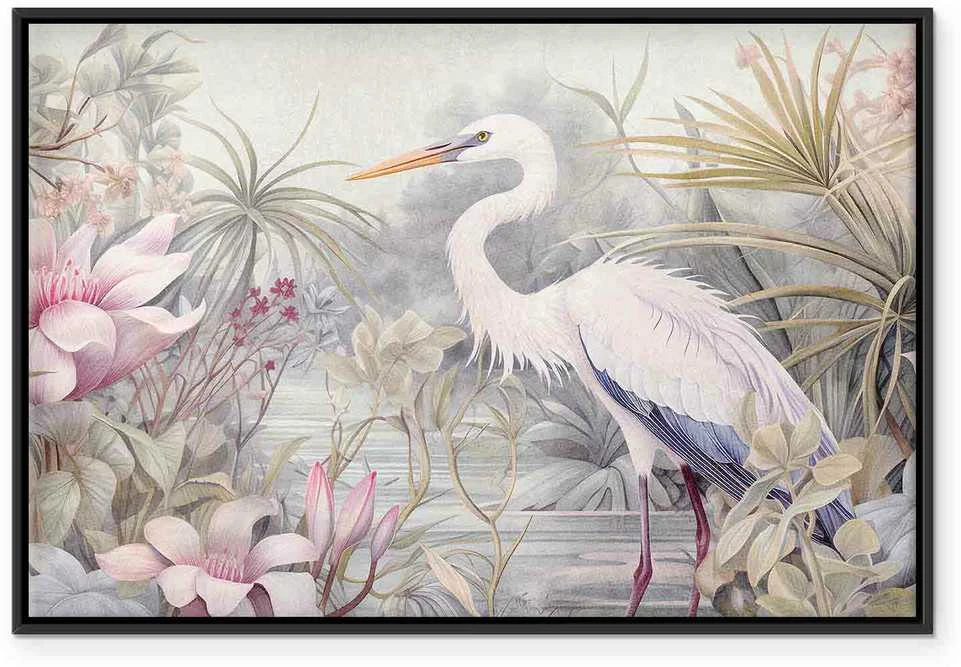 Artgeist Paveikslas - Heron wading in a pond - illustration in bright colours