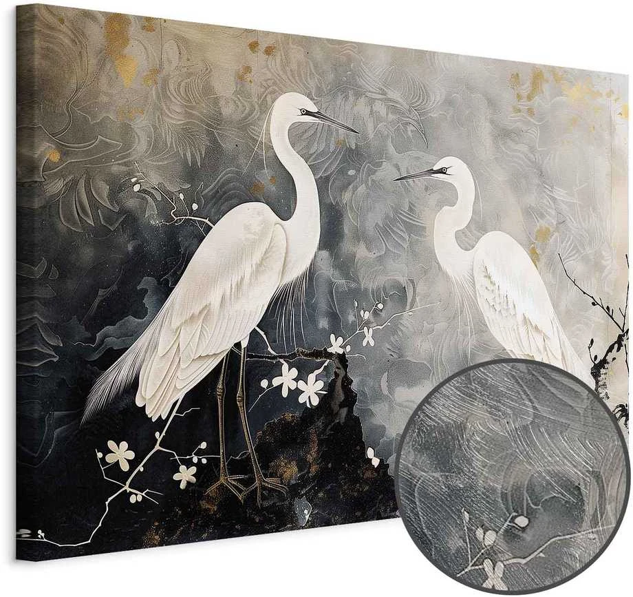 Artgeist Paveikslas - Herons and cherry blossoms - oriental-style illustration depicting birds