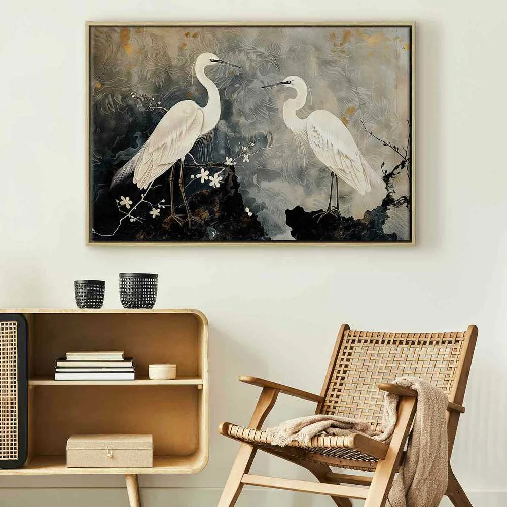 Artgeist Paveikslas - Herons and cherry blossoms - oriental-style illustration depicting birds