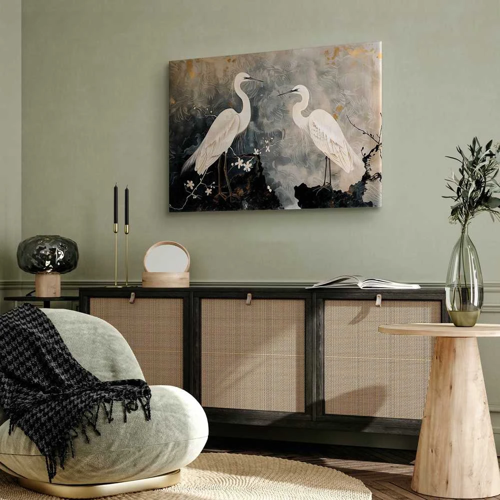 Artgeist Paveikslas - Herons and cherry blossoms - oriental-style illustration depicting birds