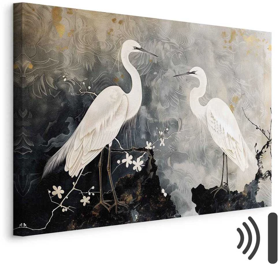 Artgeist Paveikslas - Herons and cherry blossoms - oriental-style illustration depicting birds