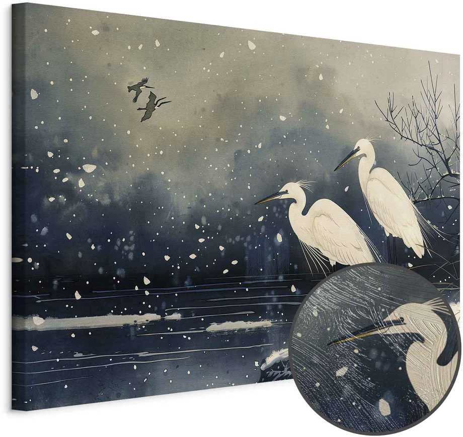 Artgeist Paveikslas - Herons over a winter pond - Japanese-style illustration in dark colours