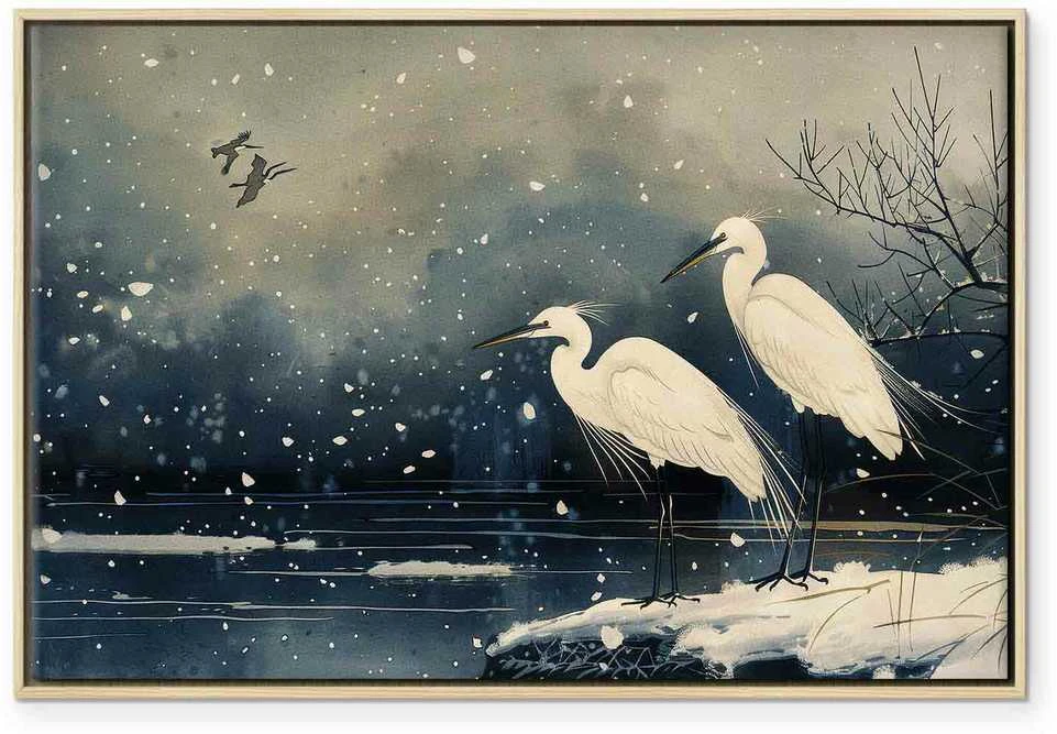 Artgeist Paveikslas - Herons over a winter pond - Japanese-style illustration in dark colours