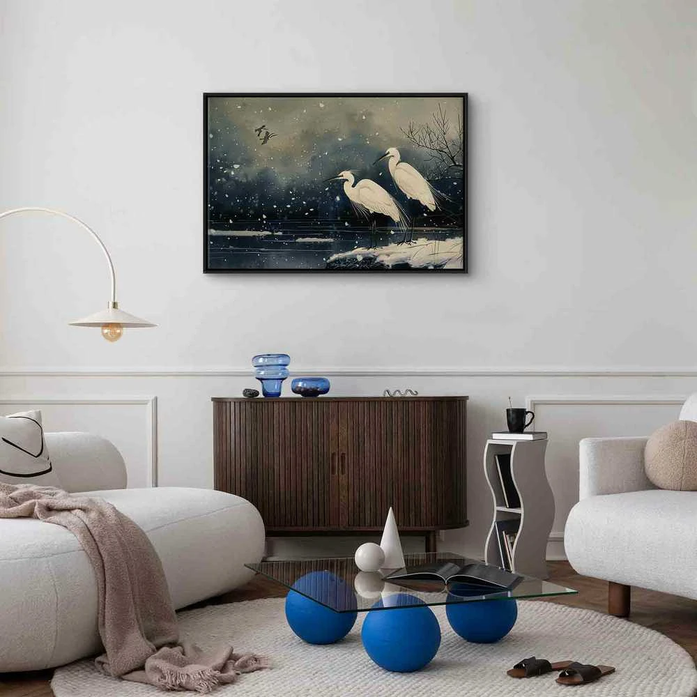Artgeist Paveikslas - Herons over a winter pond - Japanese-style illustration in dark colours
