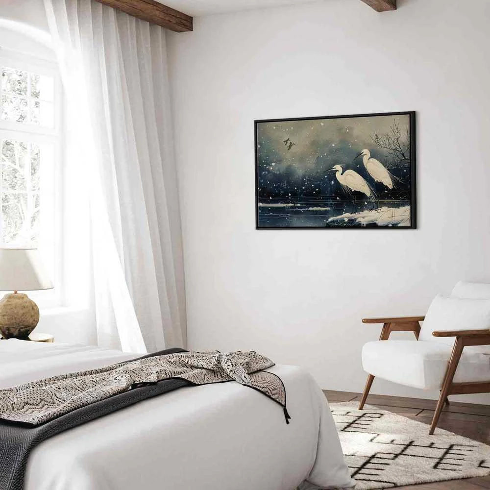 Artgeist Paveikslas - Herons over a winter pond - Japanese-style illustration in dark colours