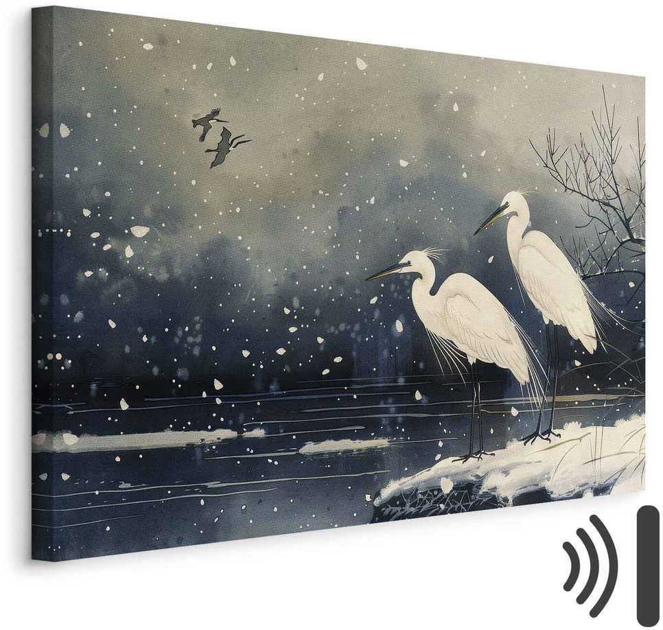 Artgeist Paveikslas - Herons over a winter pond - Japanese-style illustration in dark colours
