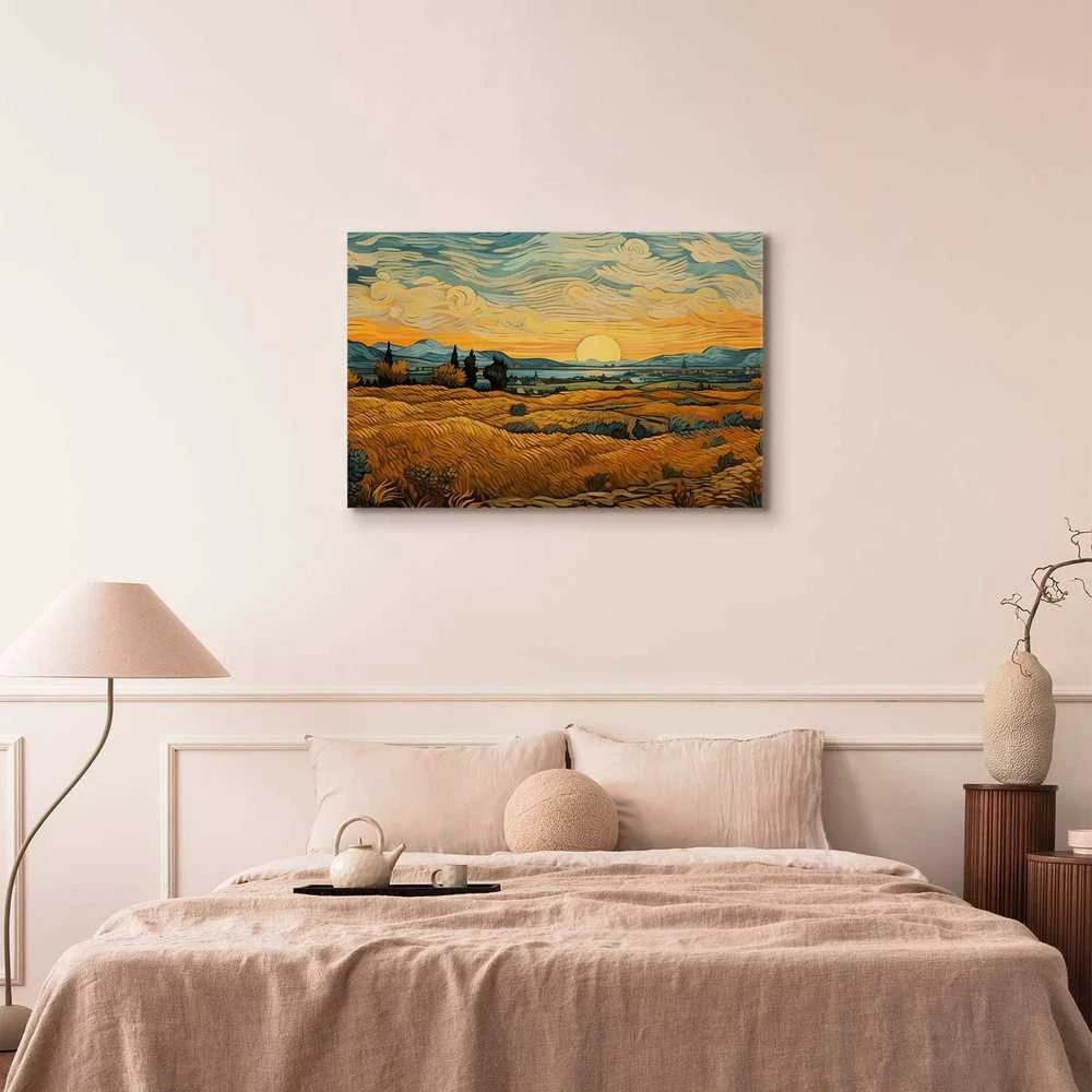 Artgeist Paveikslas - Impressionistic fields - painted golden landscape with fields of grain