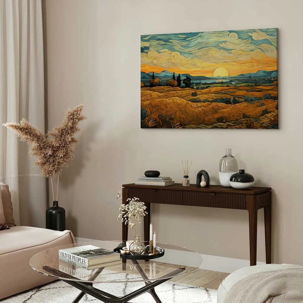 Artgeist Paveikslas - Impressionistic fields - painted golden landscape with fields of grain