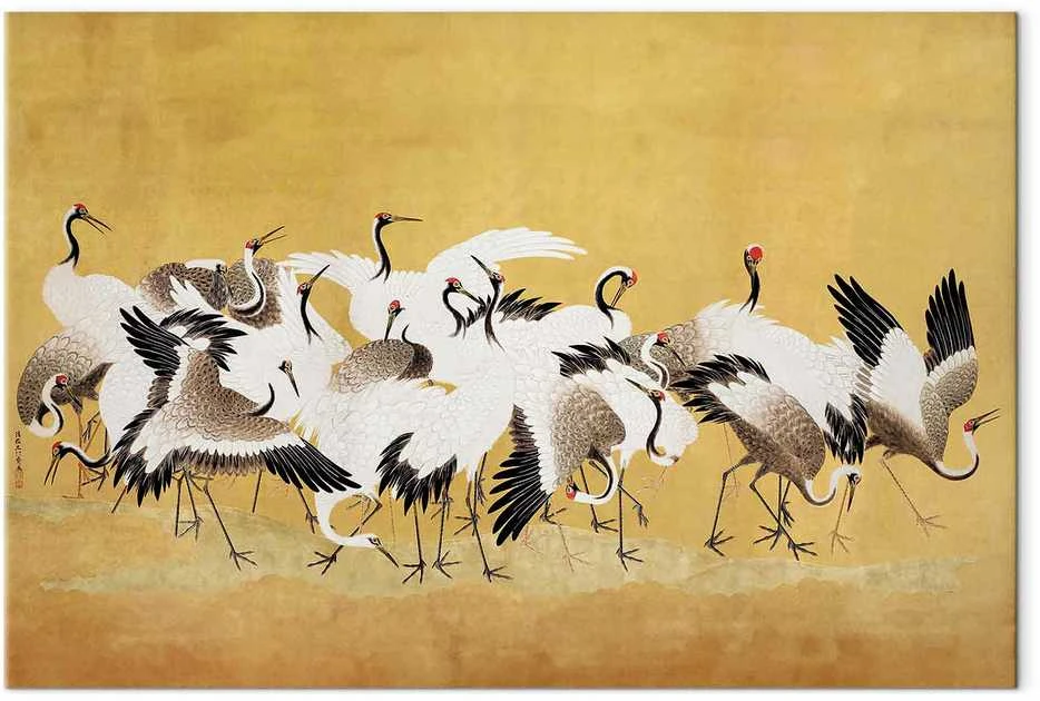 Artgeist Paveikslas - Japanese cranes - a flock of birds against a golden background based on a painting by Ishida Yūtei