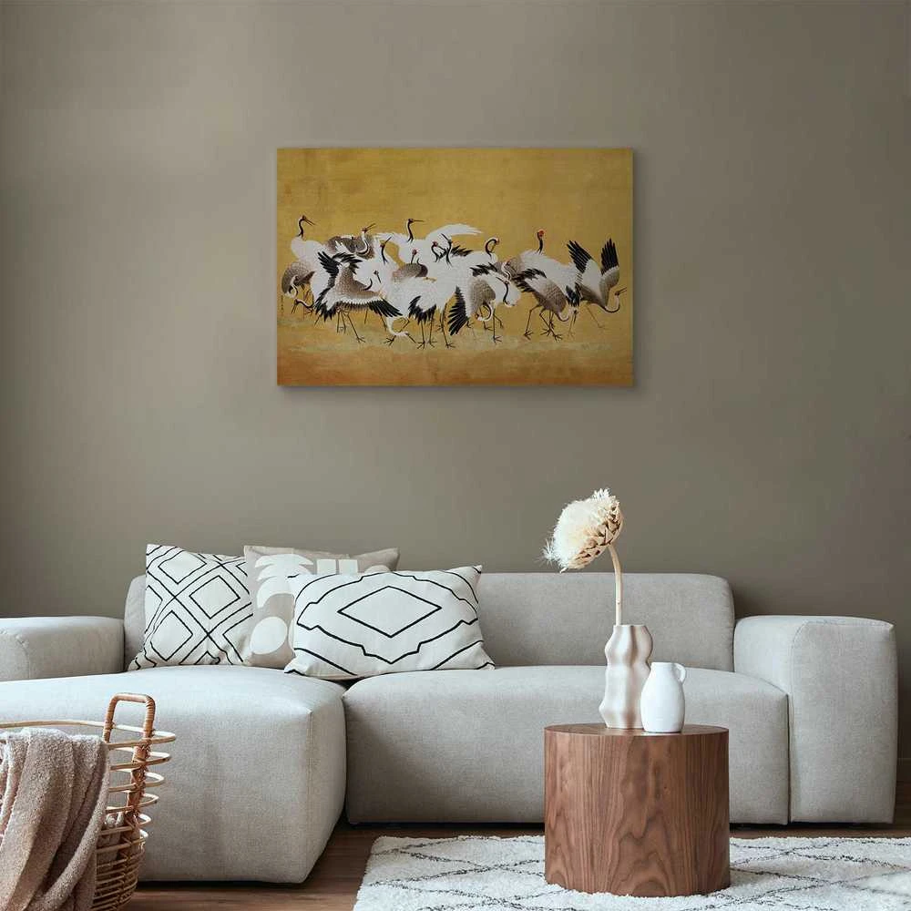 Artgeist Paveikslas - Japanese cranes - a flock of birds against a golden background based on a painting by Ishida Yūtei