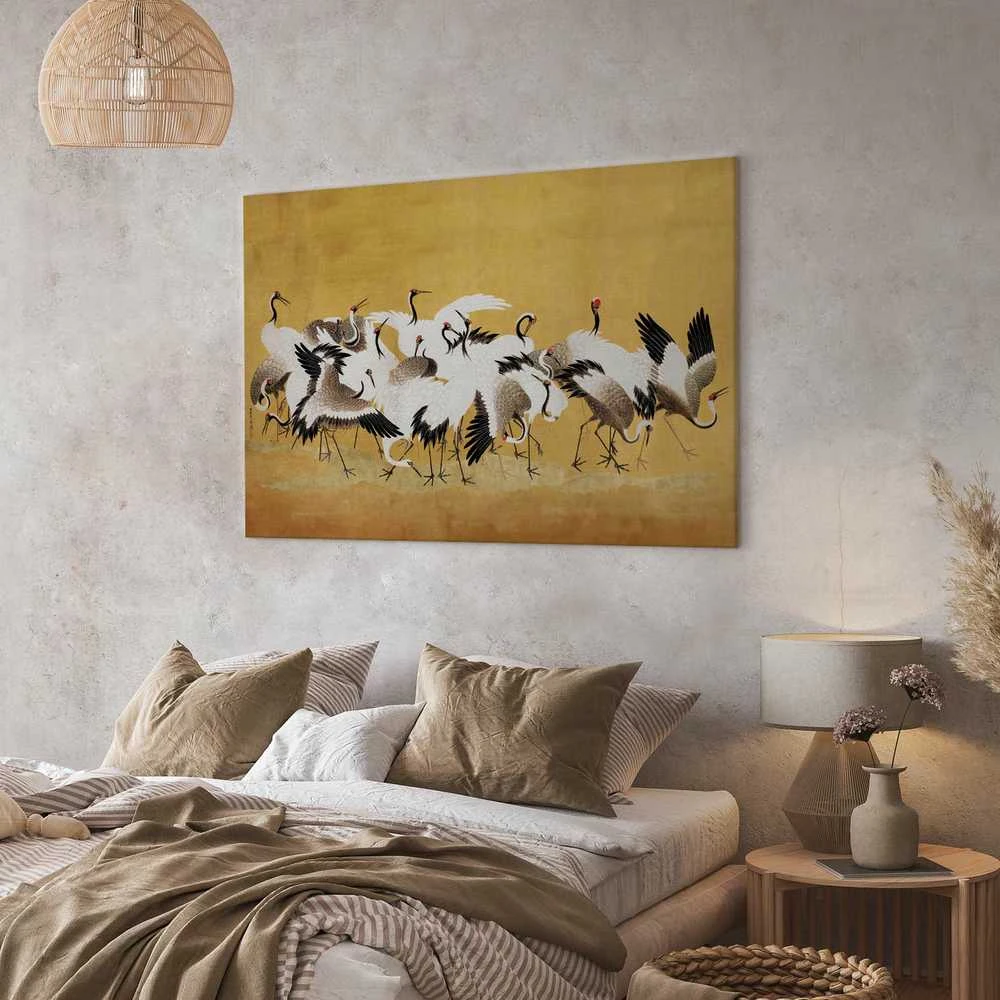 Artgeist Paveikslas - Japanese cranes - a flock of birds against a golden background based on a painting by Ishida Yūtei