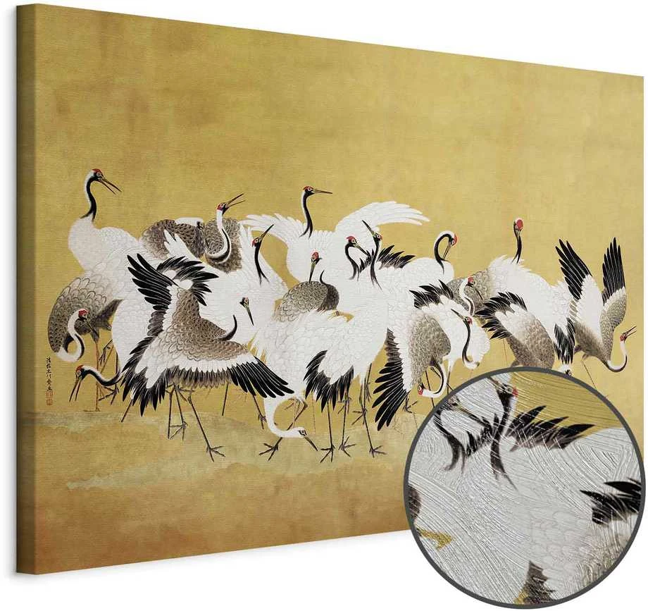 Artgeist Paveikslas - Japanese cranes - a flock of birds against a golden background based on a painting by Ishida Yūtei