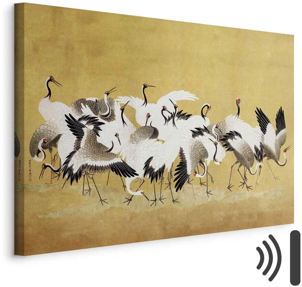 Artgeist Paveikslas - Japanese cranes - a flock of birds against a golden background based on a painting by Ishida Yūtei