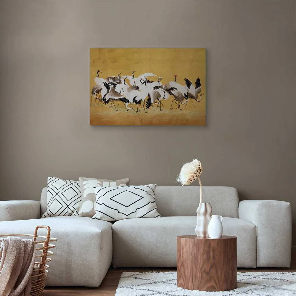 Artgeist Paveikslas - Japanese cranes - a flock of birds against a golden background based on a painting by Ishida Yūtei