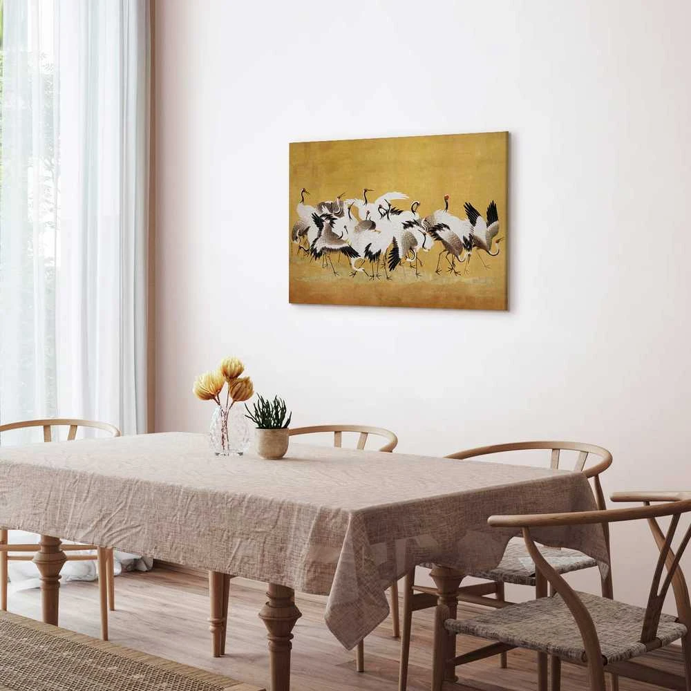 Artgeist Paveikslas - Japanese cranes - a flock of birds against a golden background based on a painting by Ishida Yūtei