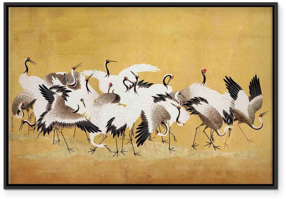 Artgeist Paveikslas - Japanese cranes - a flock of birds against a golden background based on a painting by Ishida Yūtei