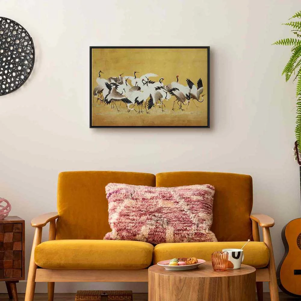 Artgeist Paveikslas - Japanese cranes - a flock of birds against a golden background based on a painting by Ishida Yūtei