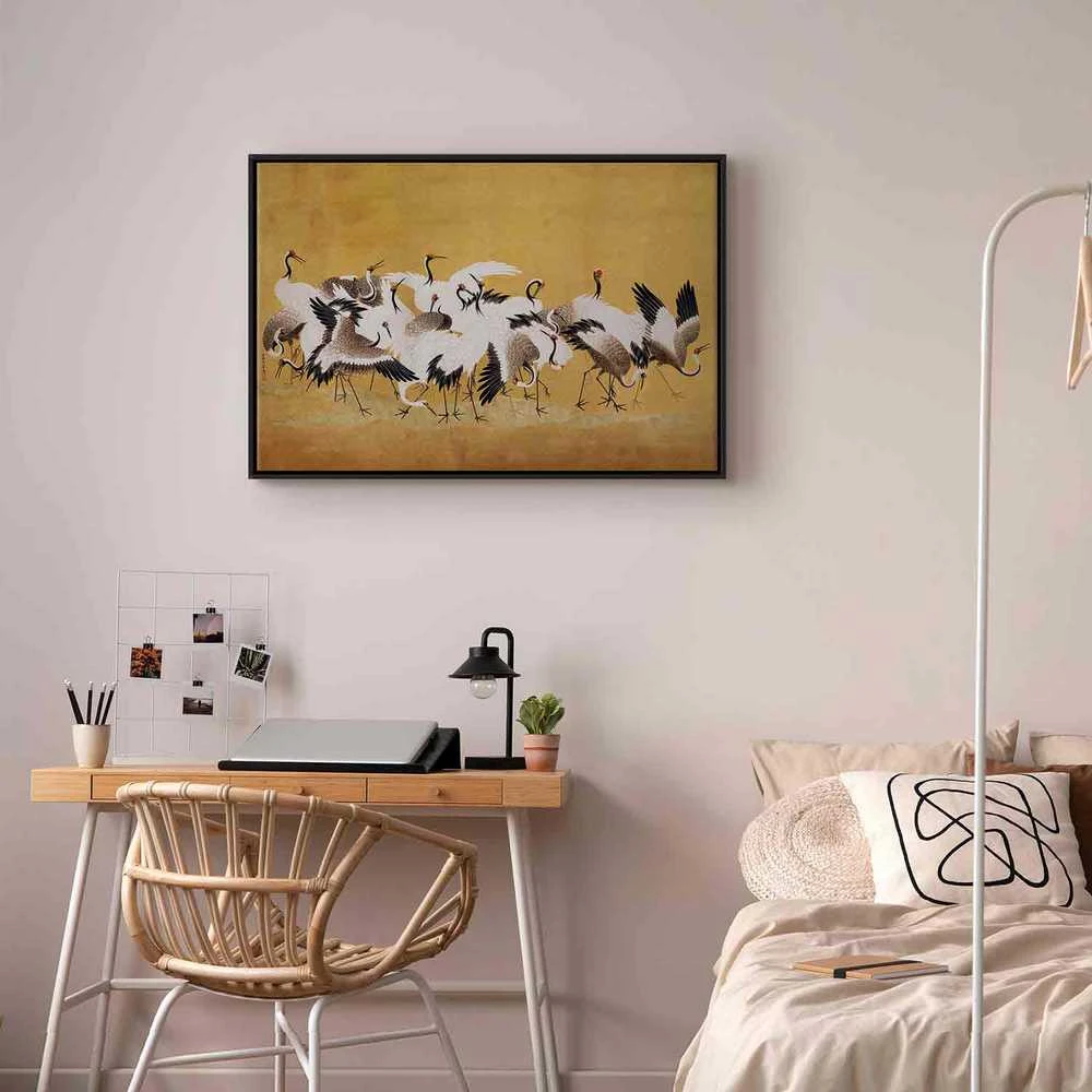 Artgeist Paveikslas - Japanese cranes - a flock of birds against a golden background based on a painting by Ishida Yūtei