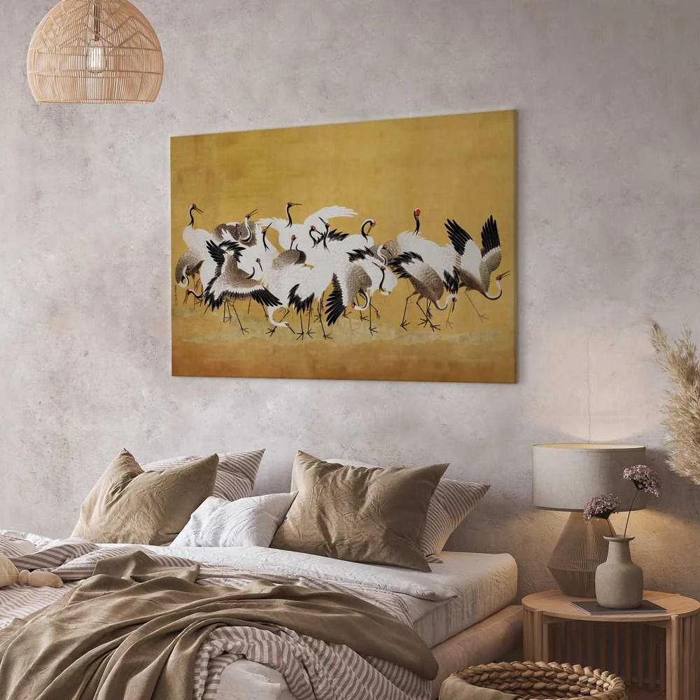 Artgeist Paveikslas - Japanese cranes - a flock of birds against a golden background based on a painting by Ishida Yūtei