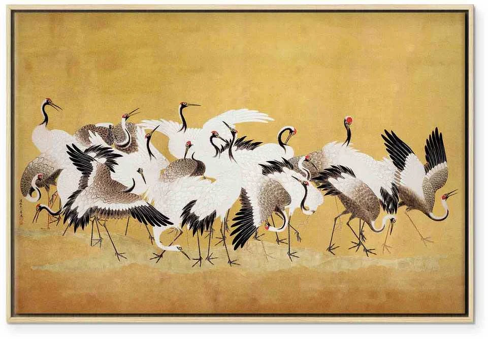 Artgeist Paveikslas - Japanese cranes - a flock of birds against a golden background based on a painting by Ishida Yūtei