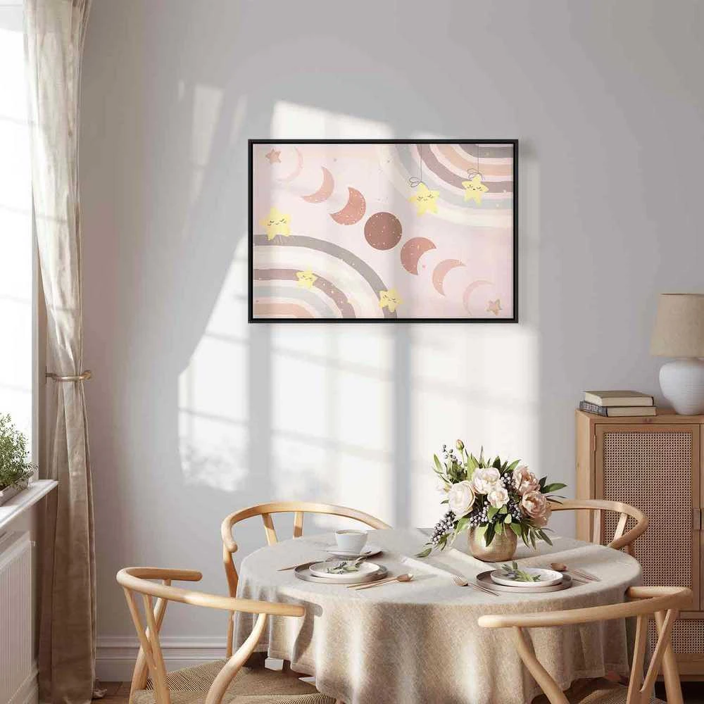 Artgeist Paveikslas - Joyful Sky - Geltona Cheerful Stars with a Rainbow Against the Phases of the Moon in a Light rusvai gelsvas Sky Hue
