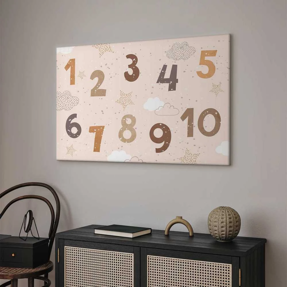 Artgeist Paveikslas - Jumping Numbers - Numbers in a Subdued rusvai gelsvas-Brown Hue Among Snowflakes Stars and Clouds