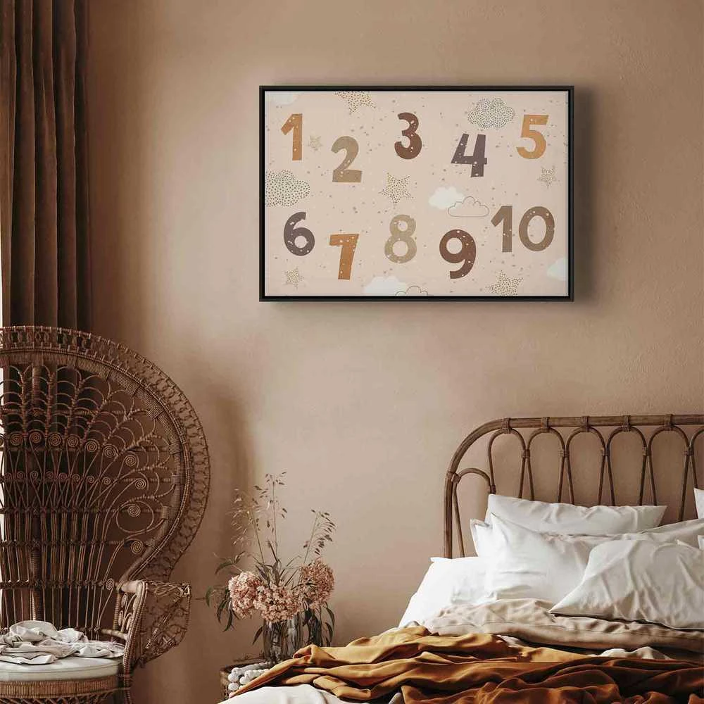 Artgeist Paveikslas - Jumping Numbers - Numbers in a Subdued rusvai gelsvas-Brown Hue Among Snowflakes Stars and Clouds