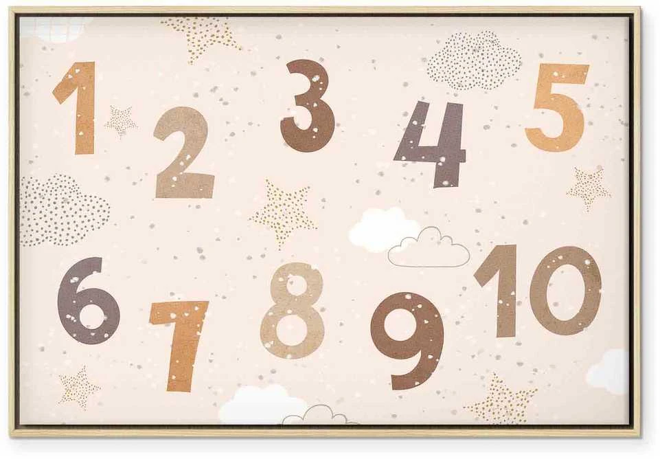 Artgeist Paveikslas - Jumping Numbers - Numbers in a Subdued rusvai gelsvas-Brown Hue Among Snowflakes Stars and Clouds