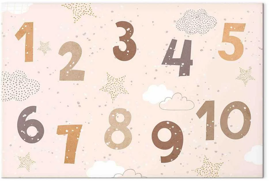 Artgeist Paveikslas - Jumping Numbers - Numbers in a Subdued rusvai gelsvas-Brown Hue Among Snowflakes Stars and Clouds